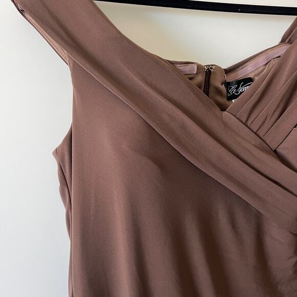 LA Femme Brown Taupe Cocoa Ruched Stretch Jersey Column Gown Womens 14 - Picture 7 of 15